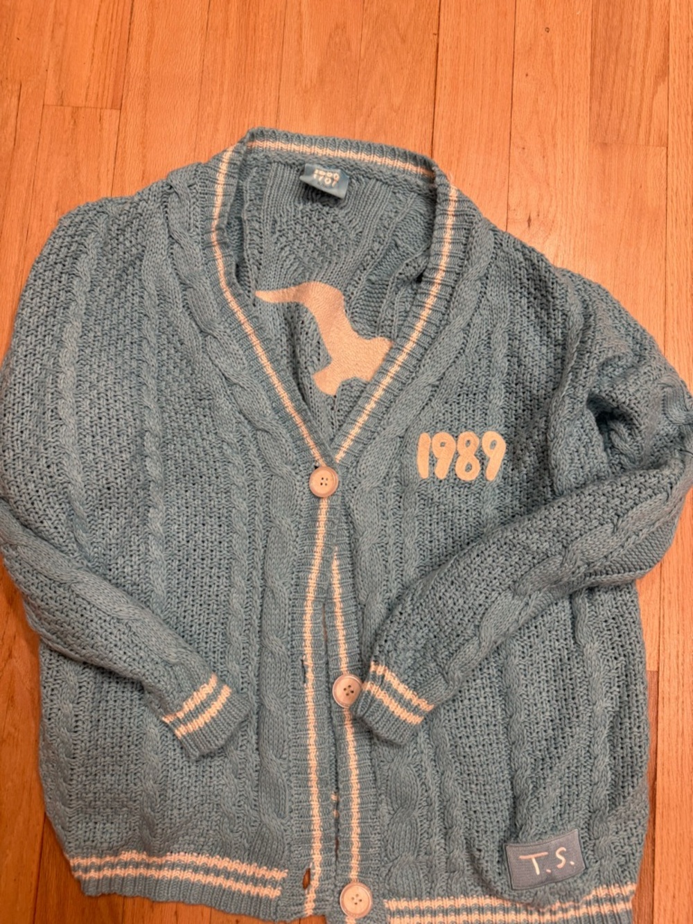 Taylor Swift Light Blue Cable Knit Cardigan with Cream Trim